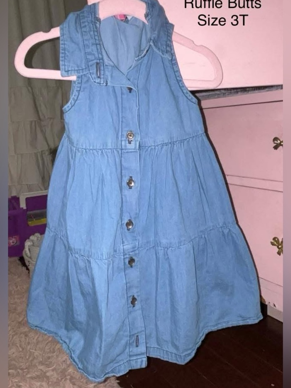 Ruffle Butts Girls Chambray Tiered Button-Front Dress in Light Blue